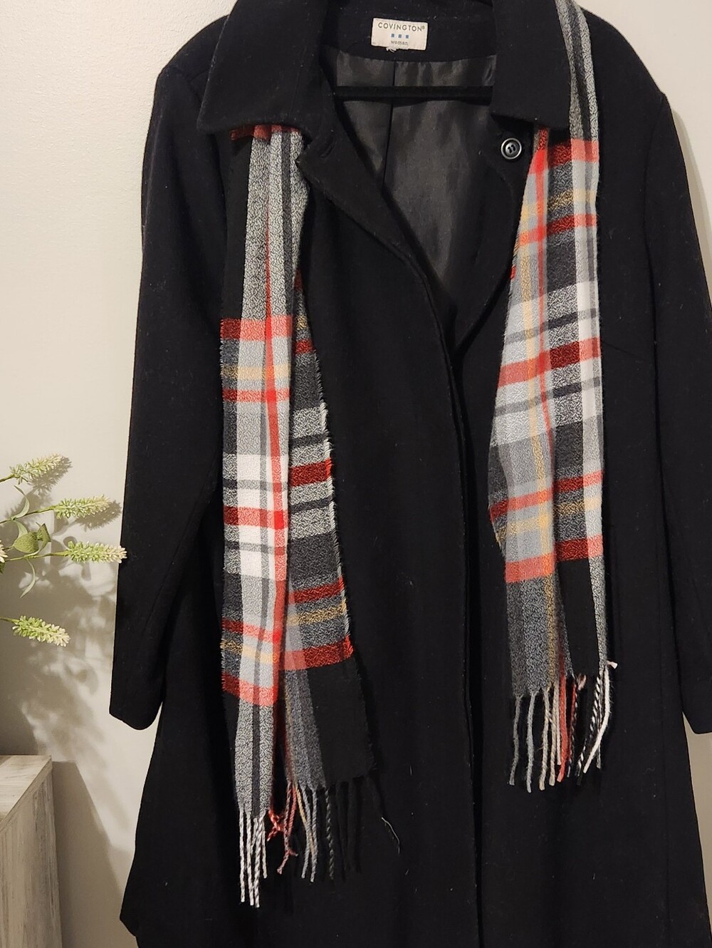 Plus Covington Black Plaid Scarf with Red and Gray Accents.